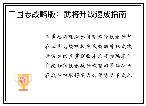三国志战略版：武将升级速成指南
